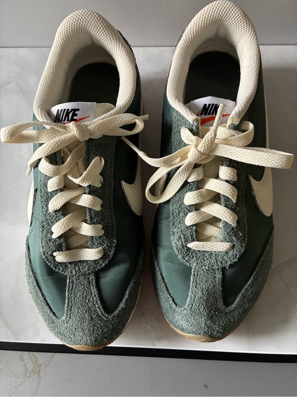 Nike Dark Green and Cream Retro-Style Sneakers